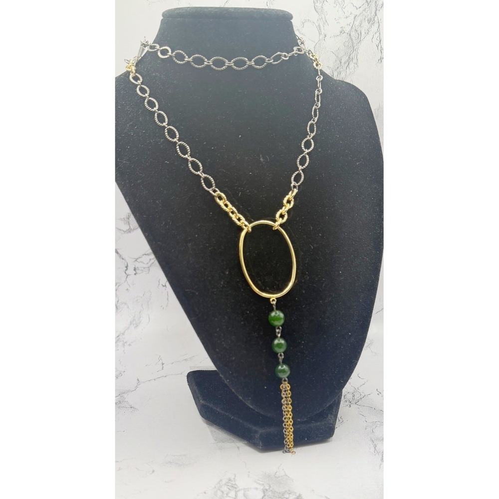 Pink Barbed Wire Long Tassel Necklace Green Faceted Beads 30" Mixed Metals